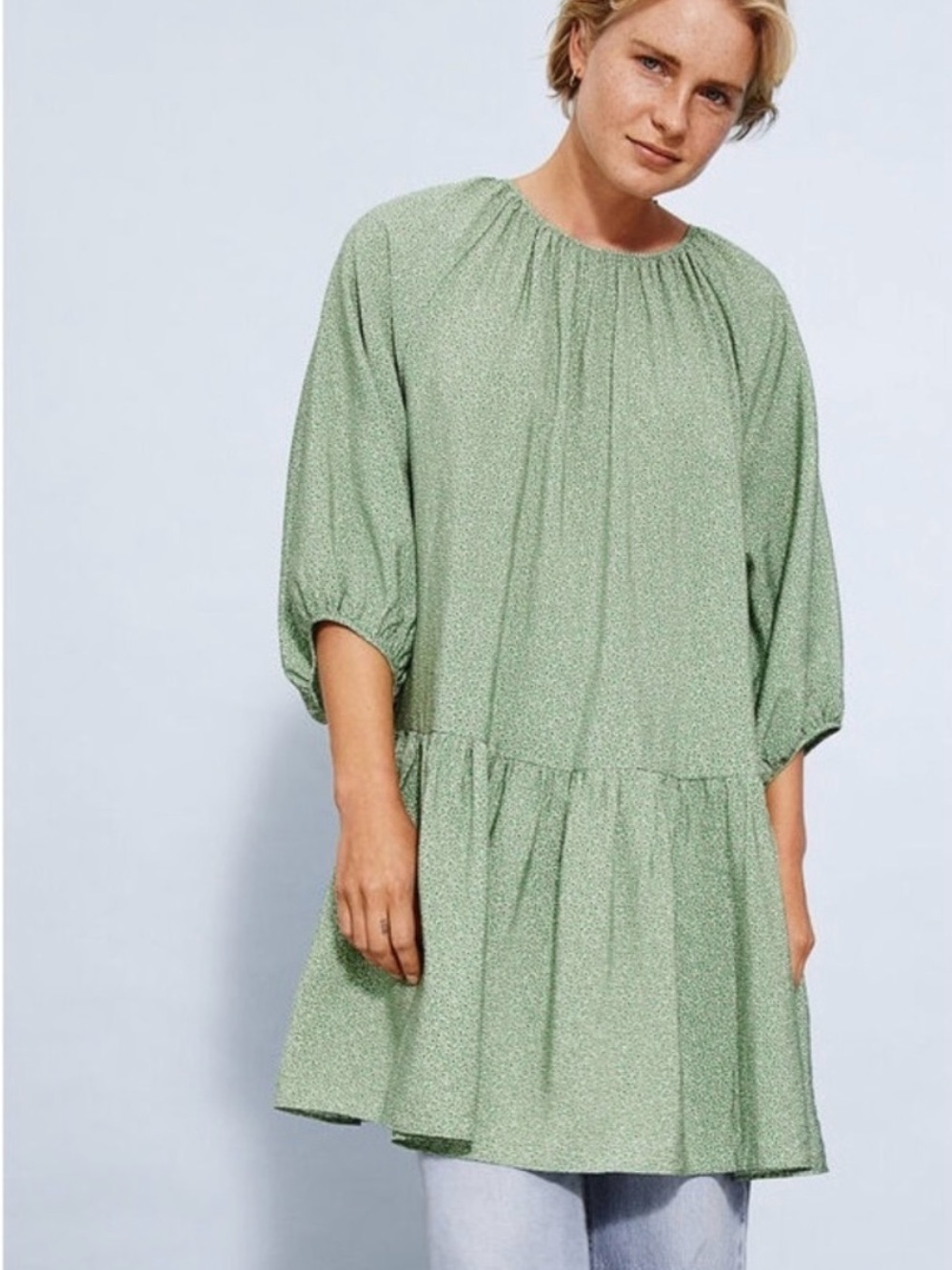 H&M Light Green Floral Balloon Sleeve Peasant Tunic Dress